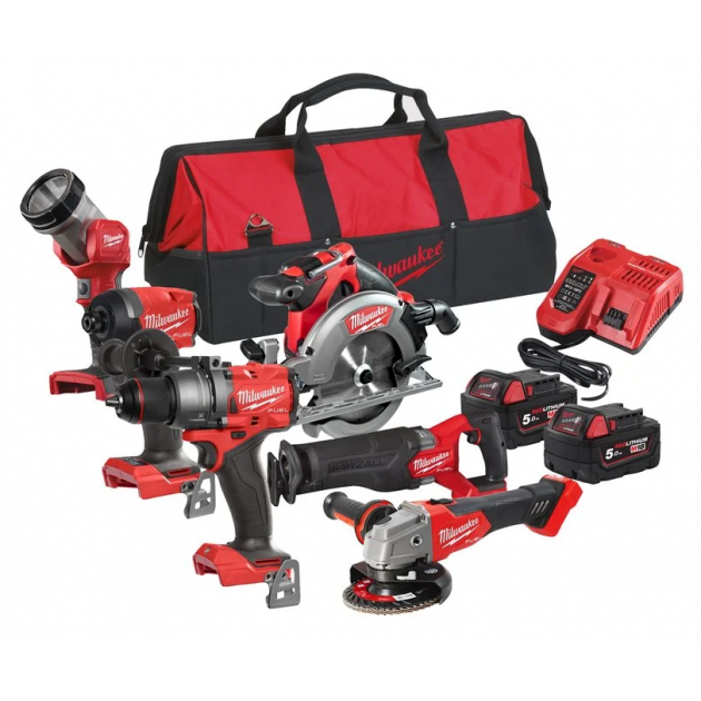 Milwaukee fpp6e3-502b акумулатоерн комплект 5 машини + 2x5.0ah + фенер