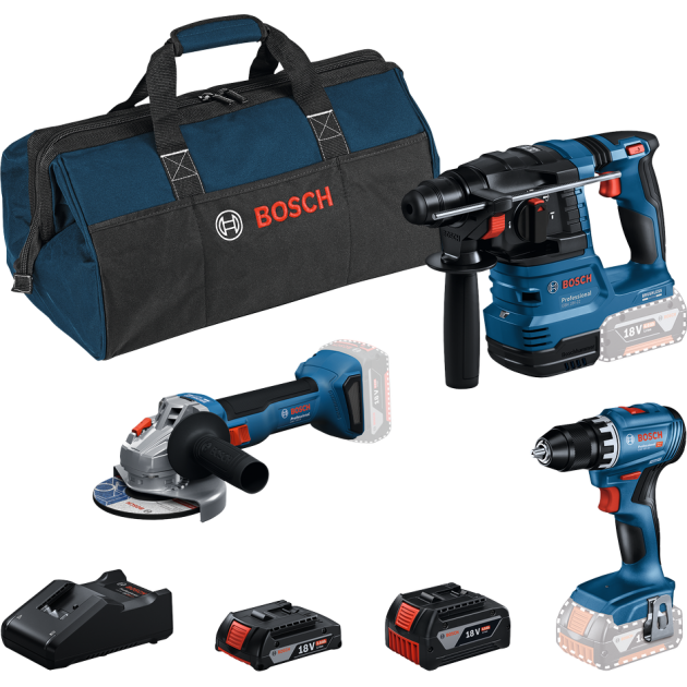Bosch Акумулаторен комплект GSR 18V-45 + GBH 18V-22 + GWS 18V-8, 1 x 2.0Ah + 4.0 Ah + зарядно устройство