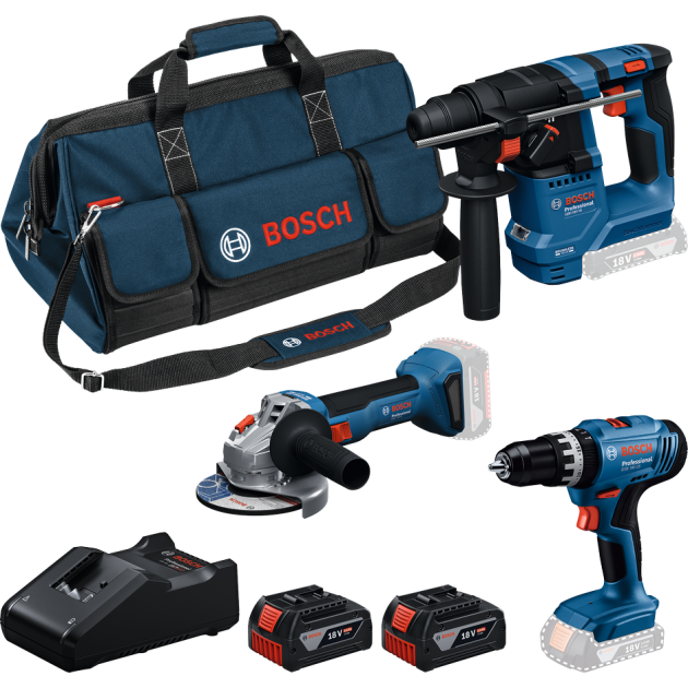 Bosch Акумулаторен комплект GSB 18V-25 + GBH 18V-18 + GWS 18V-8, 2 x 4.0Ah + зарядно устройство