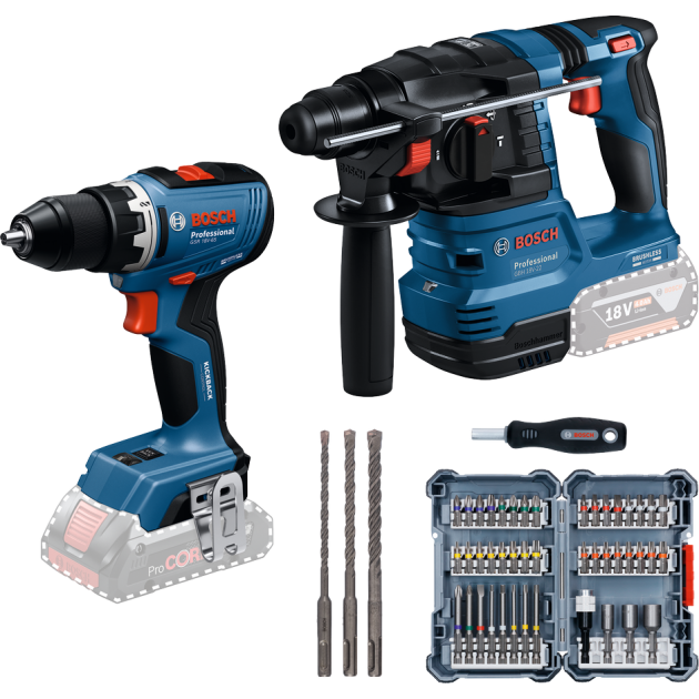 Bosch Акумулаторен комплект GBH 18V-22 + GSR 18V-65 + консумативи