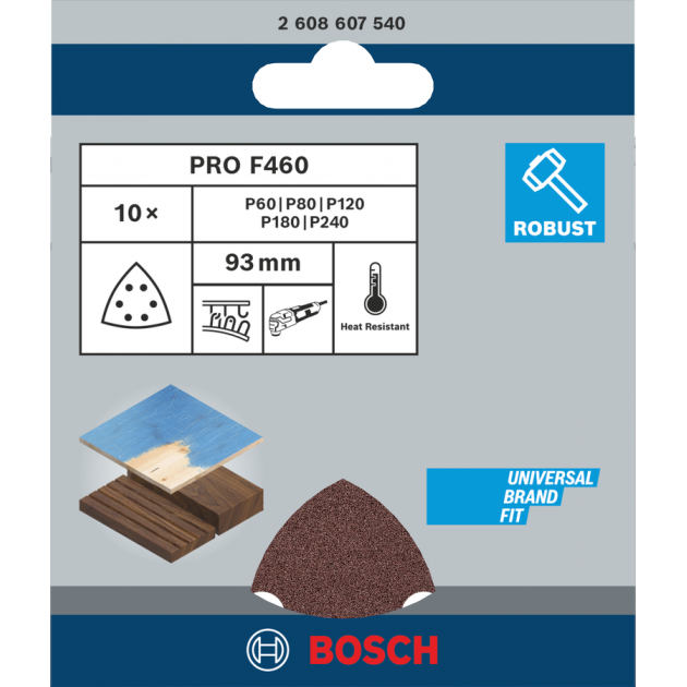 Bosch PRO Шкурка за делташлайф за дърво и боя F460, G60/80/120/180/240, 10 бр, 93 x 93 mm