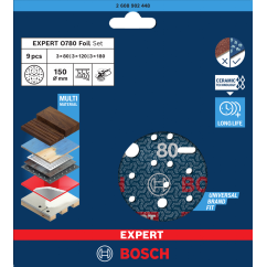 Bosch Шлифовъчно фолио EXPERT Foil О780, 150mm, 3x G80 / G120 / G180, 9 броя