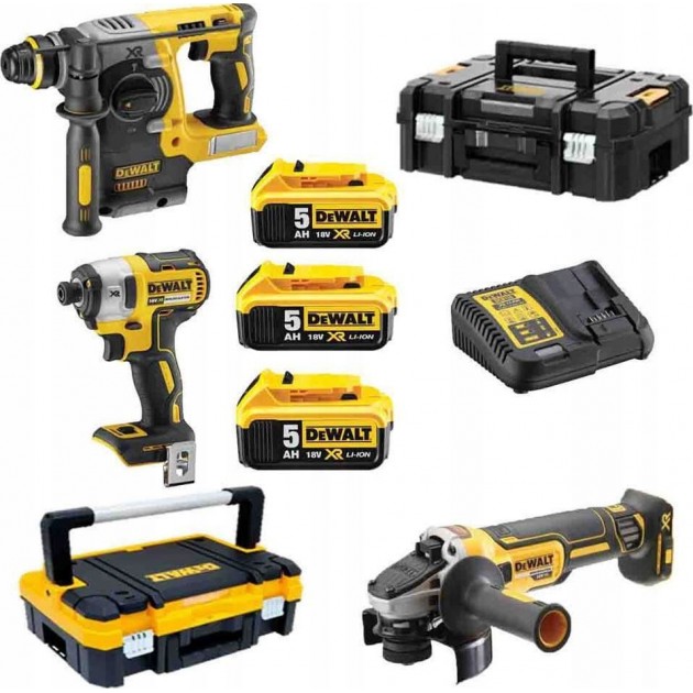 DEWALT DCK305P3T АКУМУЛАТОРЕН КОМПЛЕКТ ПЕРФОРАТОР DCH273 + ЪГЛОШЛАЙФ DCG405 + ВИНТОВЕРТ DCF887 + 3 БАТЕРИИ